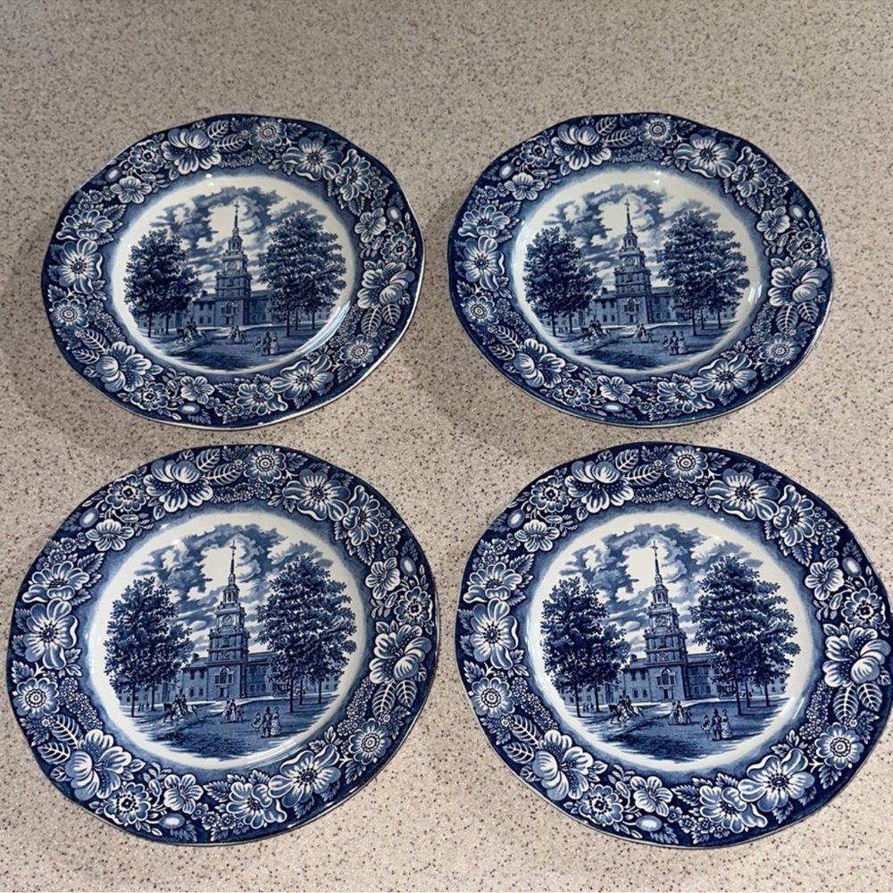 4 Liberty Blue Staffordshire Dinner Plates Set Independence Hall